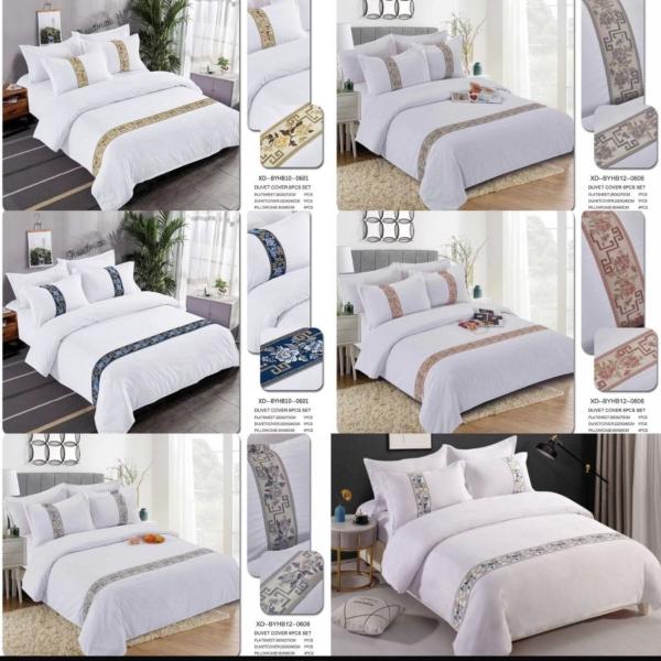 12-piece Plain Lace Duvets 1 quilt, 1 flat bedsheet, 1 fitted bedsheet, 2 pillowcases, 2 cushions, 2 cushion covers, neckroll, 2 pairs of sandals